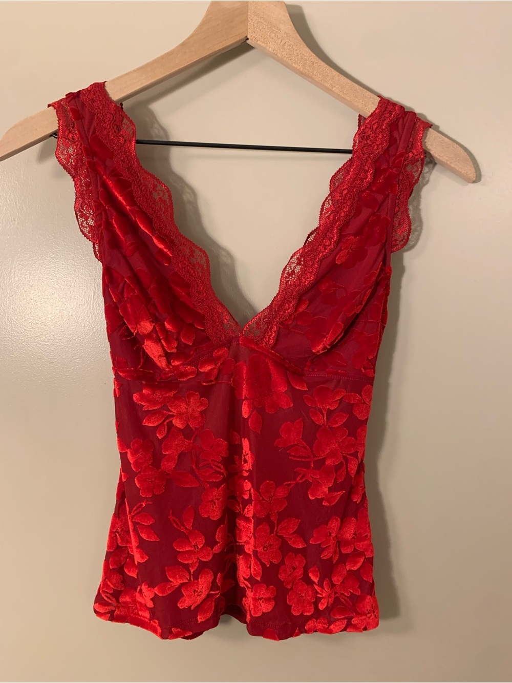 Free People Women’s Red Lace-Trim Floral Top XS